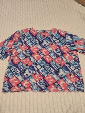 Ilyssa Maxx Short Sleeve Blouse Shoulder Pads Vintage Pink Purple Aqua Size 10